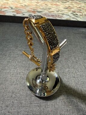 henri bendel Gold Chain Bracelet, black pave crystals w/ Logo Charm -6.25”